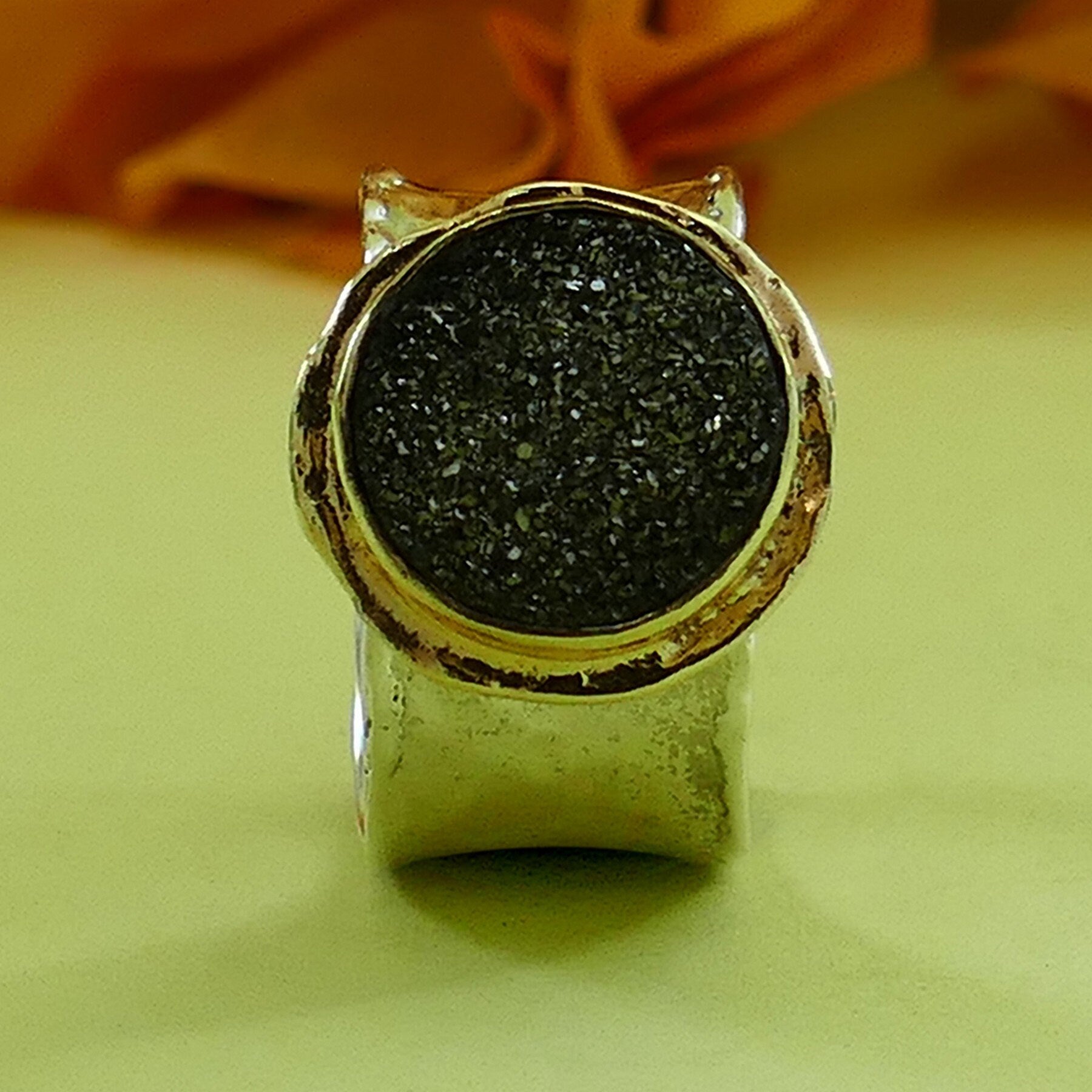 Druzy Mixed Metal Ring 4.4 Carat Gray Agate Druzy Stone Two Tone Solid 9k Yellow Gold & 925 Sterling Silver Solitaire Ring Set Gemstone ring