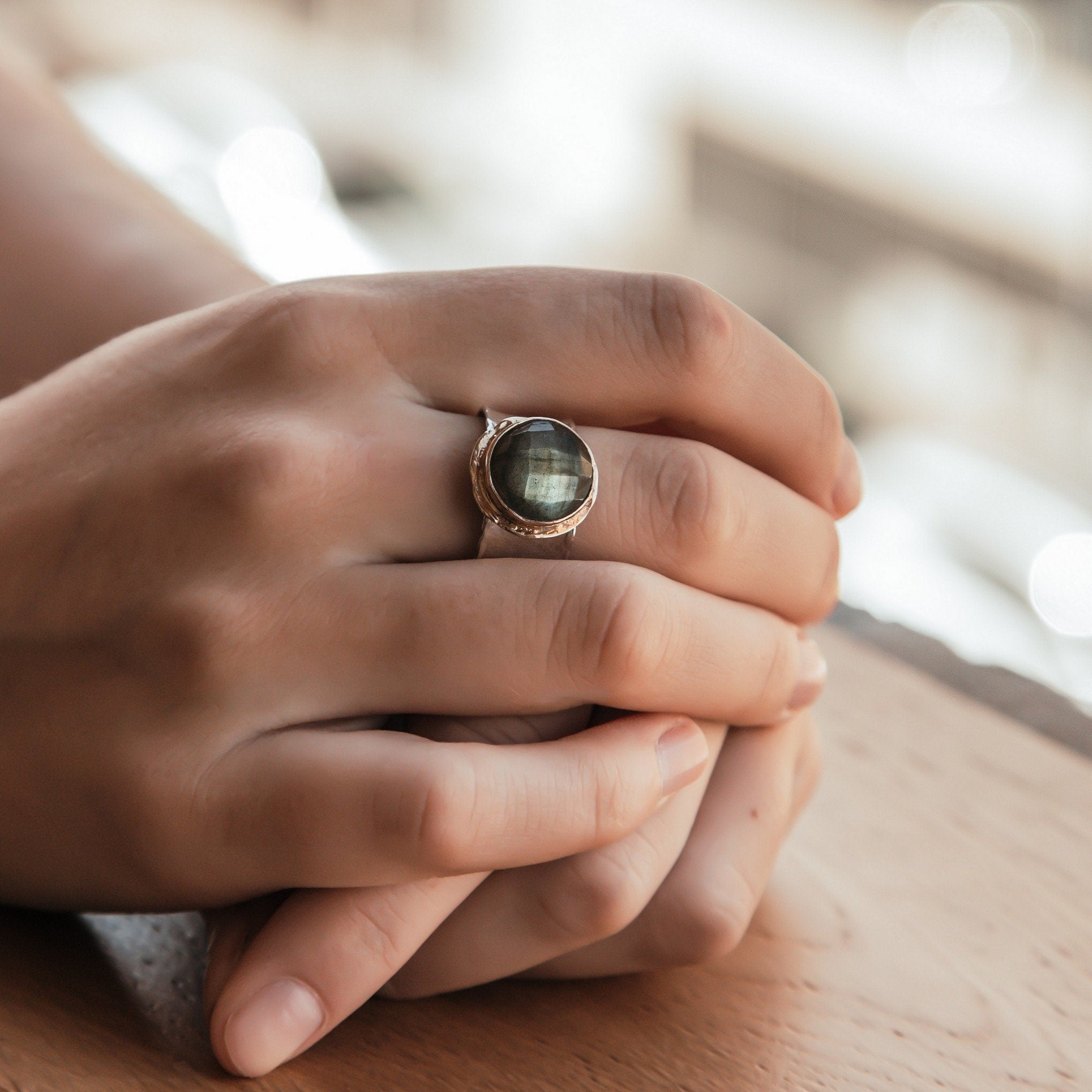 Labradorite Mixed Metal Ring 5.8 Carat Natural Green Labradorite Gemstone Two Tone Solid 9k Yellow Gold & 925 Sterling Silver Solitaire Ring