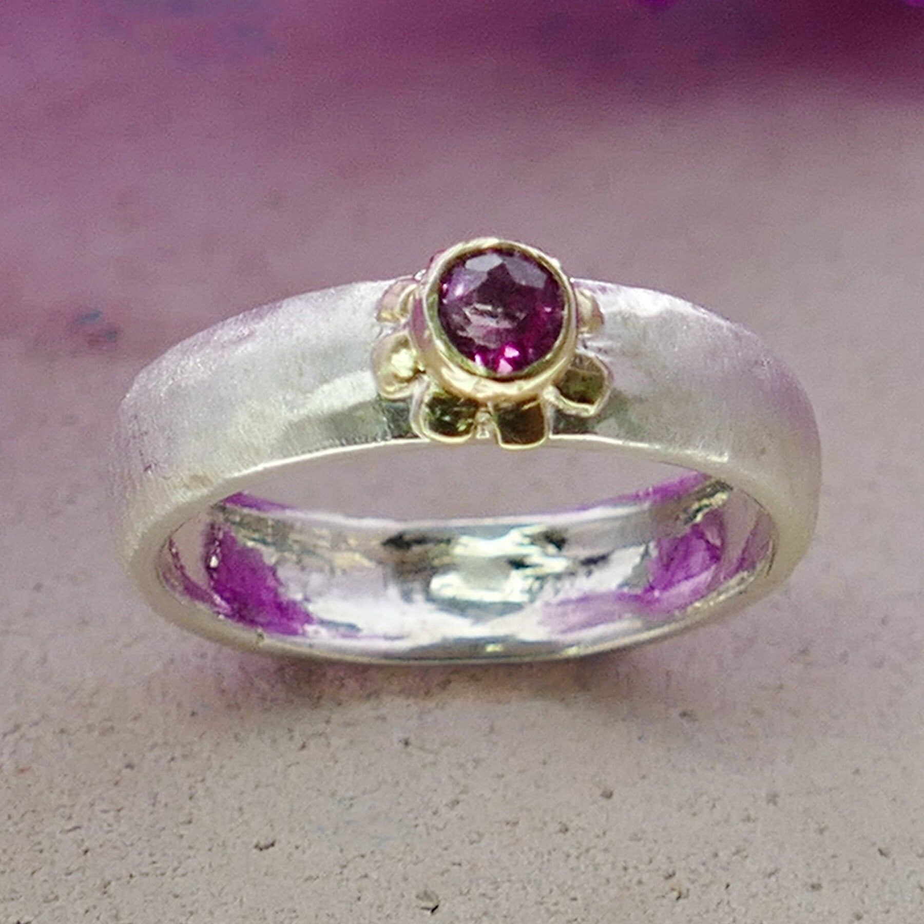 Tourmaline Mixed Metal Ring Natural Pink Tourmaline Gemstone Two Tone Solid 9k Yellow Gold & 925 Sterling Silver Solitaire Ring