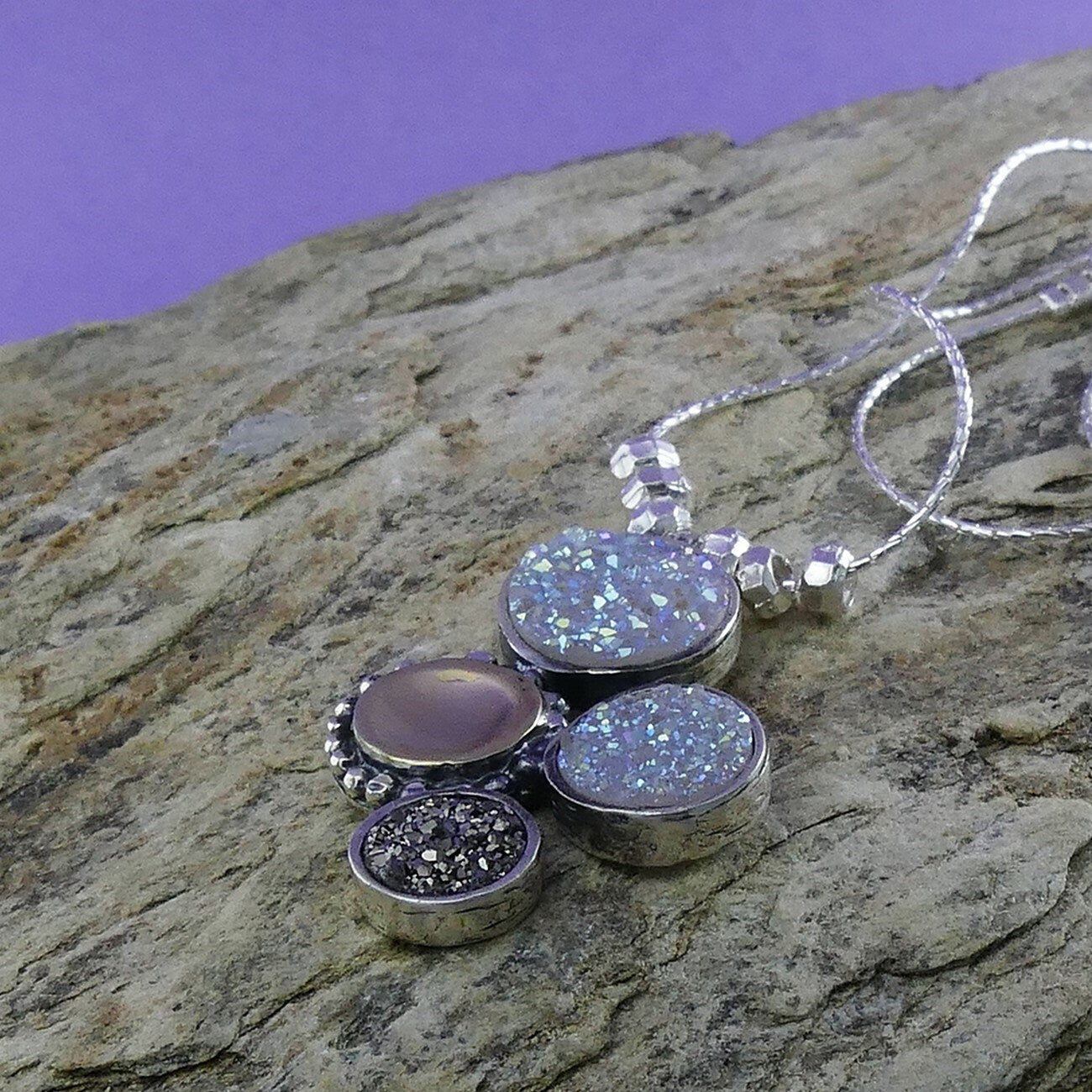 Two Tone Solid 9k Yellow Gold And 925 Sterling Silver White & Gray Agate Druzy Stones Pendant Chain Fast N Free Shipping!