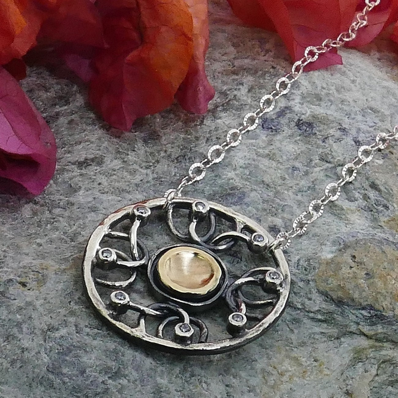 SPIRA Handcrafted Two Tone Solid 9k Yellow Gold And 925 Sterling Silver White Cubic Zirconia Necklace