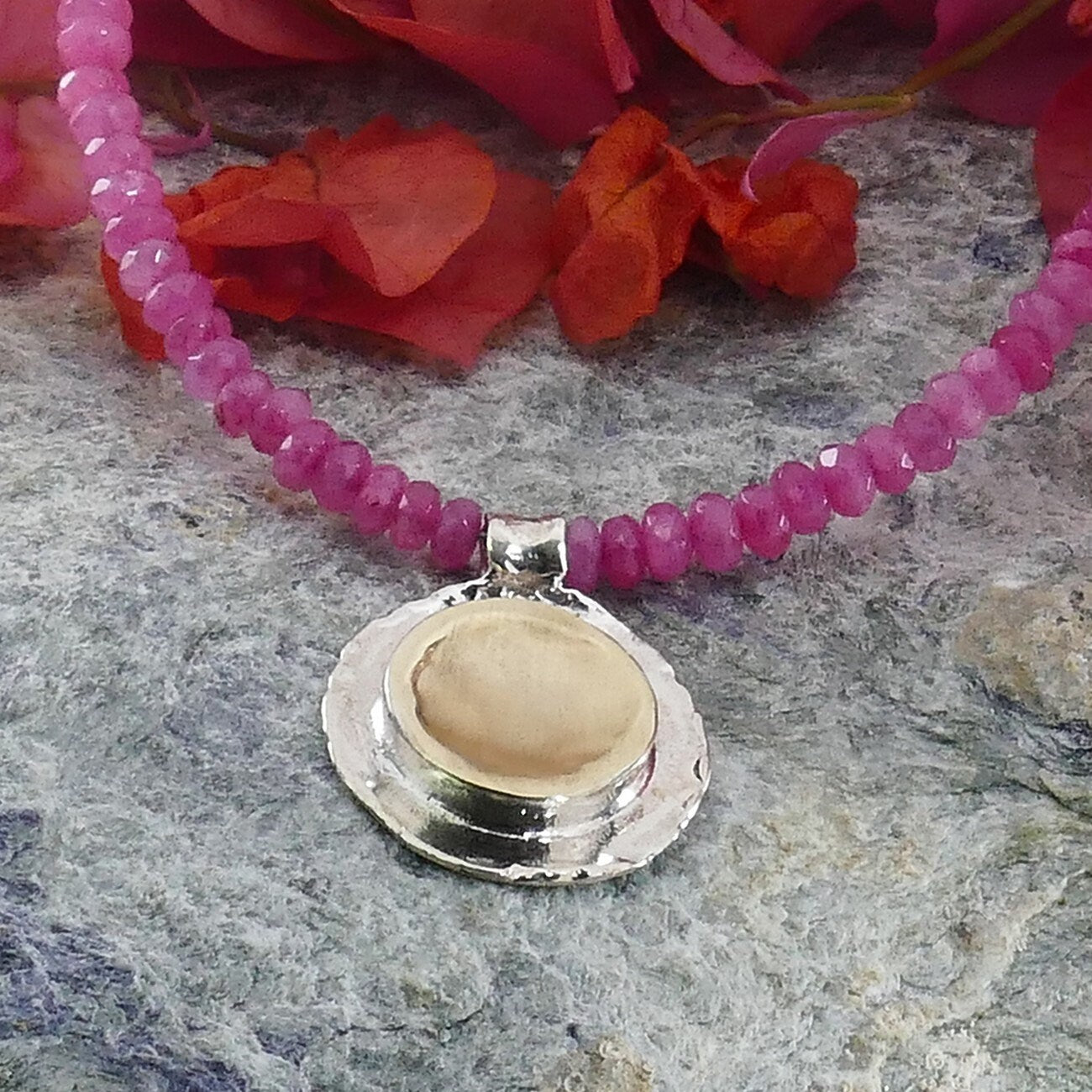 Two Tone Pink Jade Gemstone Beaded Necklace Solid 9 karat Yellow Gold & 925 Sterling Silver, Elegant Necklace