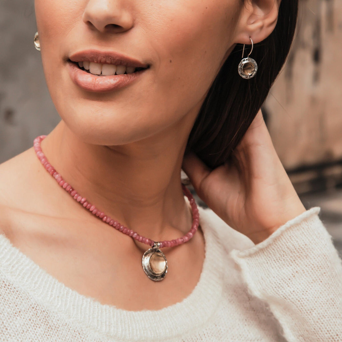 Two Tone Pink Jade Gemstone Beaded Necklace Solid 9 karat Yellow Gold & 925 Sterling Silver, Elegant Necklace