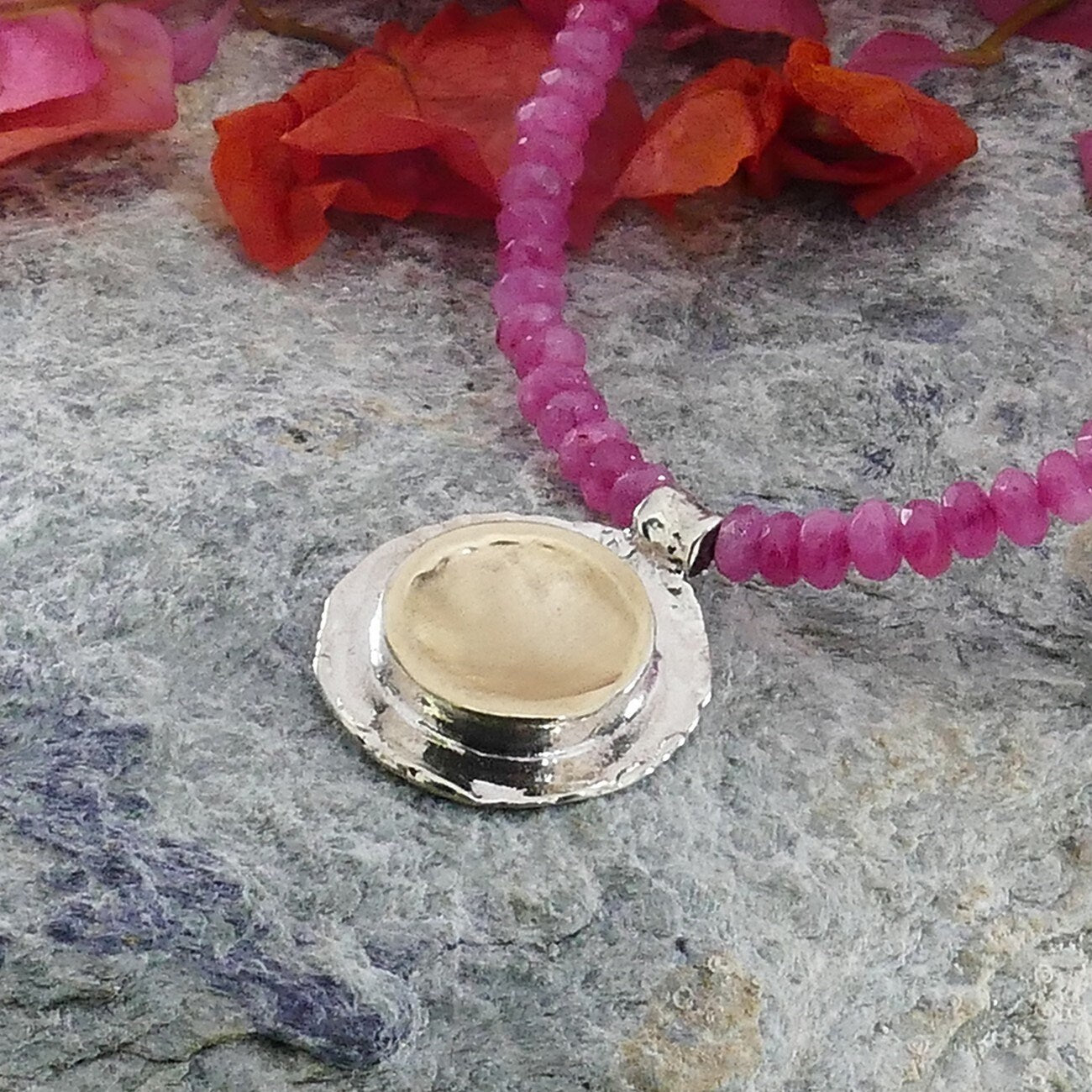 Two Tone Pink Jade Gemstone Beaded Necklace Solid 9 karat Yellow Gold & 925 Sterling Silver, Elegant Necklace