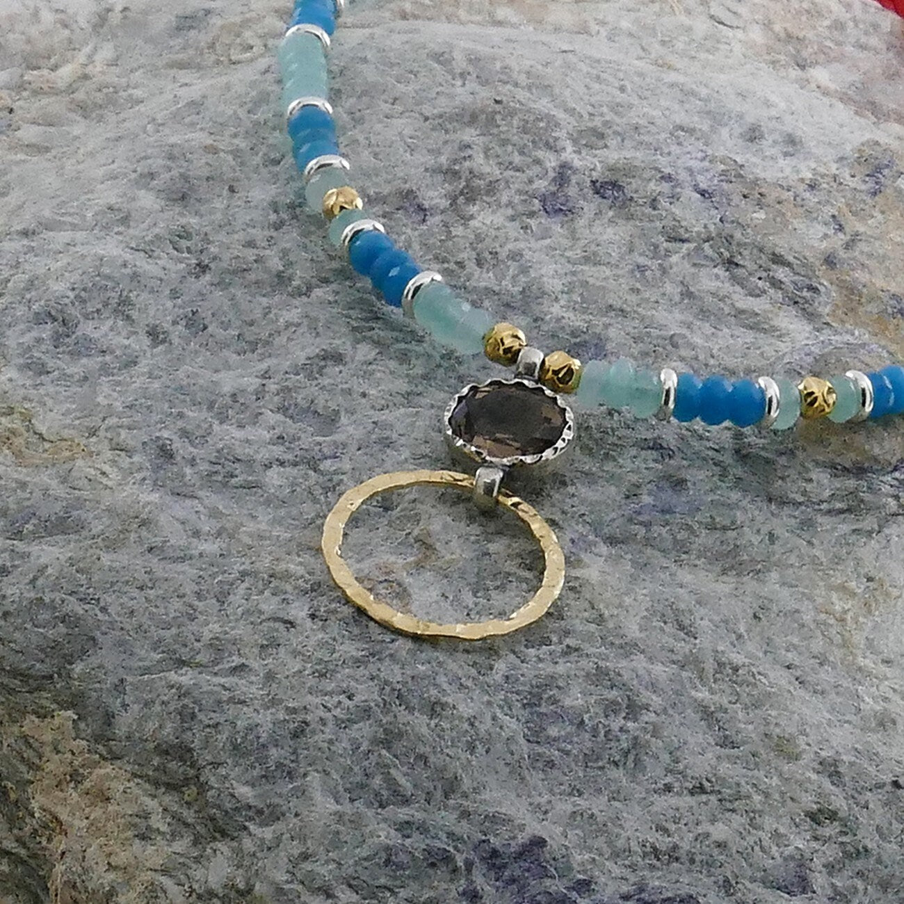 Natural Green Jade Gemstones Beaded Necklace 925 Sterling Silver 14 karat Yellow Gold Filled Natural Brown Smoky Quartz pendant