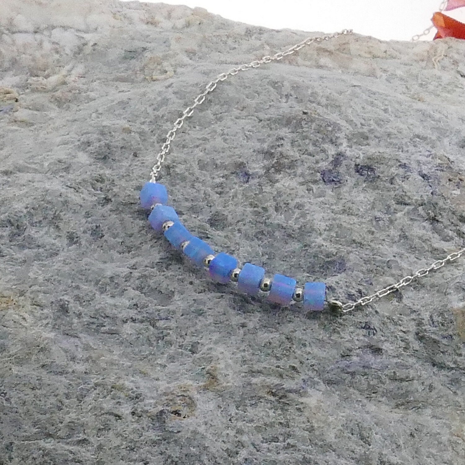 Handmade Blue Opal Beaded Necklace 925 Sterling Silver
