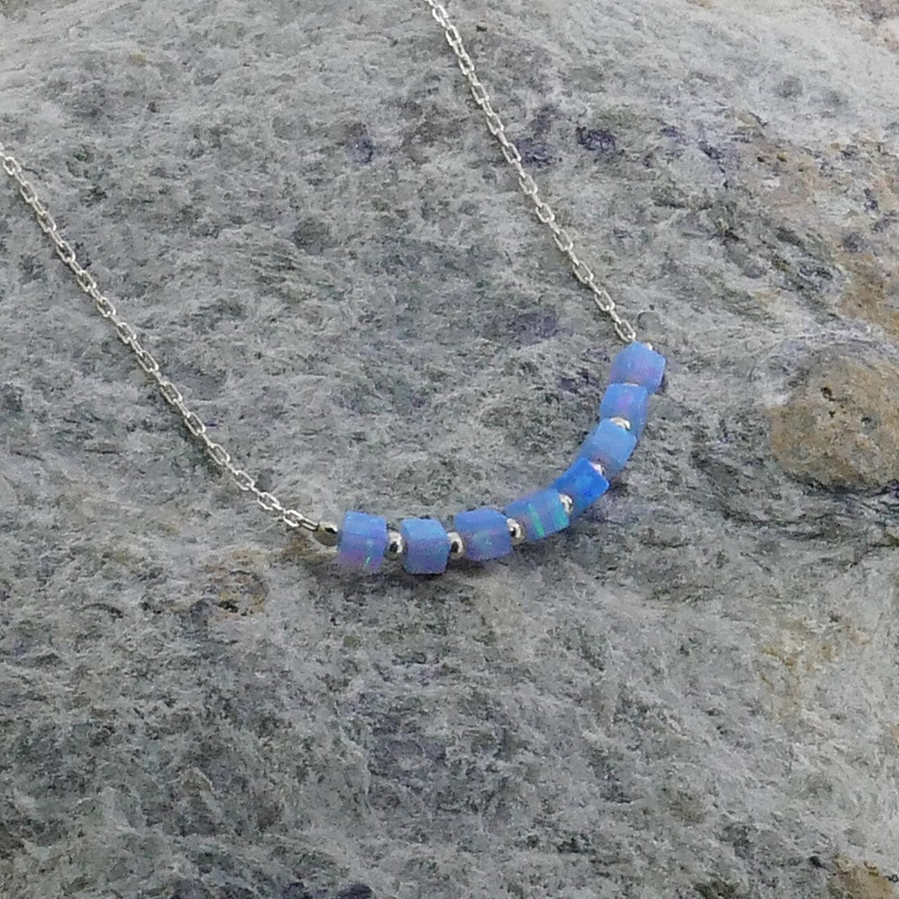 Handmade Blue Opal Beaded Necklace 925 Sterling Silver