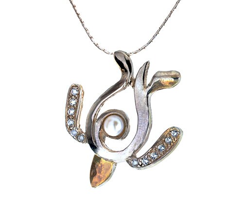 Two Tone Solid 9k Yellow Gold And 925 Sterling Silver Natural White Pearl & White Cubic Zirconia Stones Pendant Chain Mixed Metal Necklace