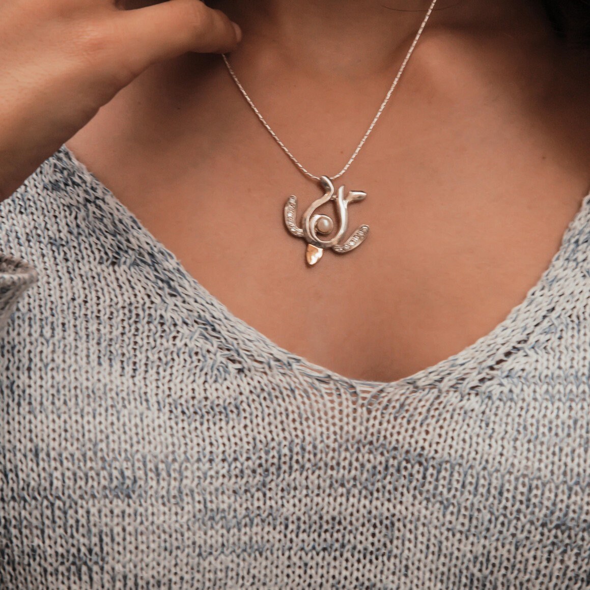 Two Tone Solid 9k Yellow Gold And 925 Sterling Silver Natural White Pearl & White Cubic Zirconia Stones Pendant Chain Mixed Metal Necklace