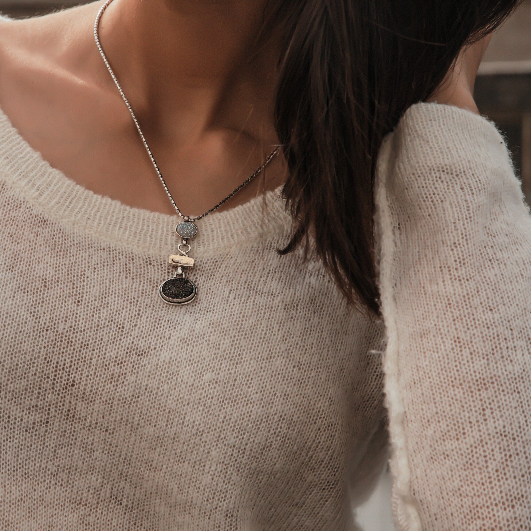 Two Tone Solid 9k Yellow Gold And 925 Sterling Silver Gray&White Agate Druzy Stones Giant Pendants Chain Fast Shipping,Mixed Metal Necklace