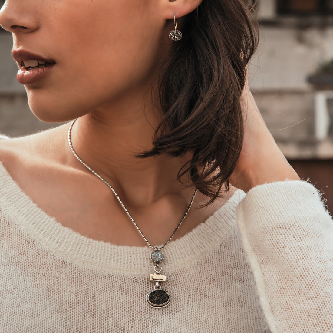 Two Tone Solid 9k Yellow Gold And 925 Sterling Silver Gray&White Agate Druzy Stones Giant Pendants Chain Fast Shipping,Mixed Metal Necklace