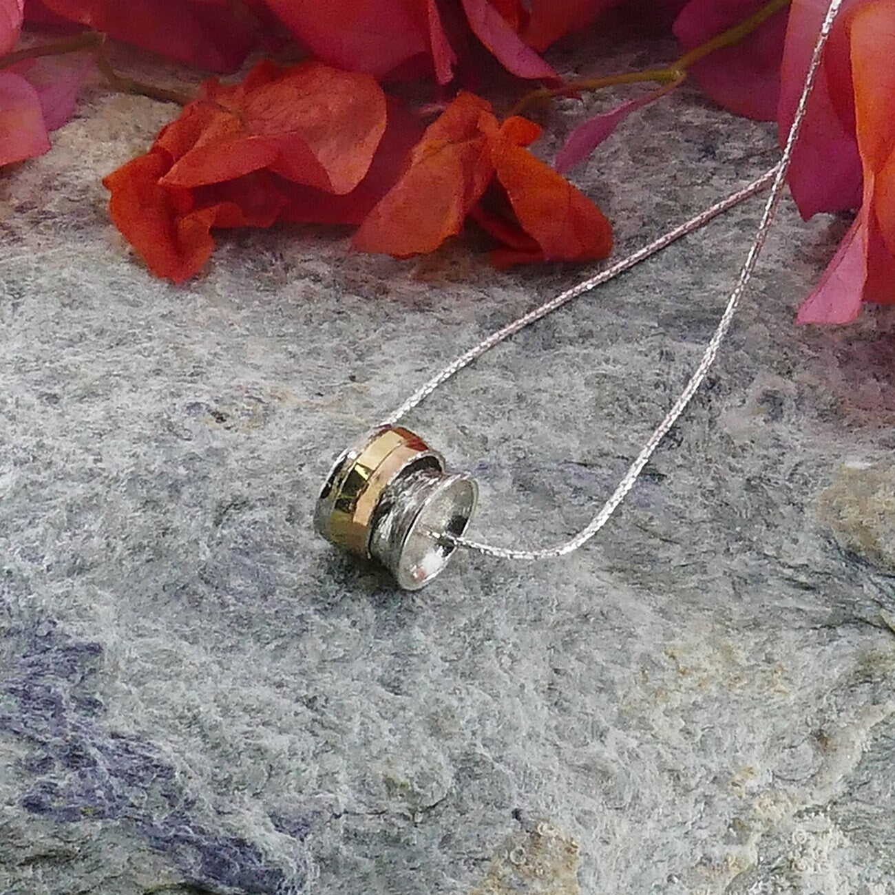 SPIRA Handcrafted Two Tone Solid 9k Yellow & Rose Gold 925 Sterling Silver Rope Spinning Pendant Chain Woodland Necklace, Oxidized Necklace