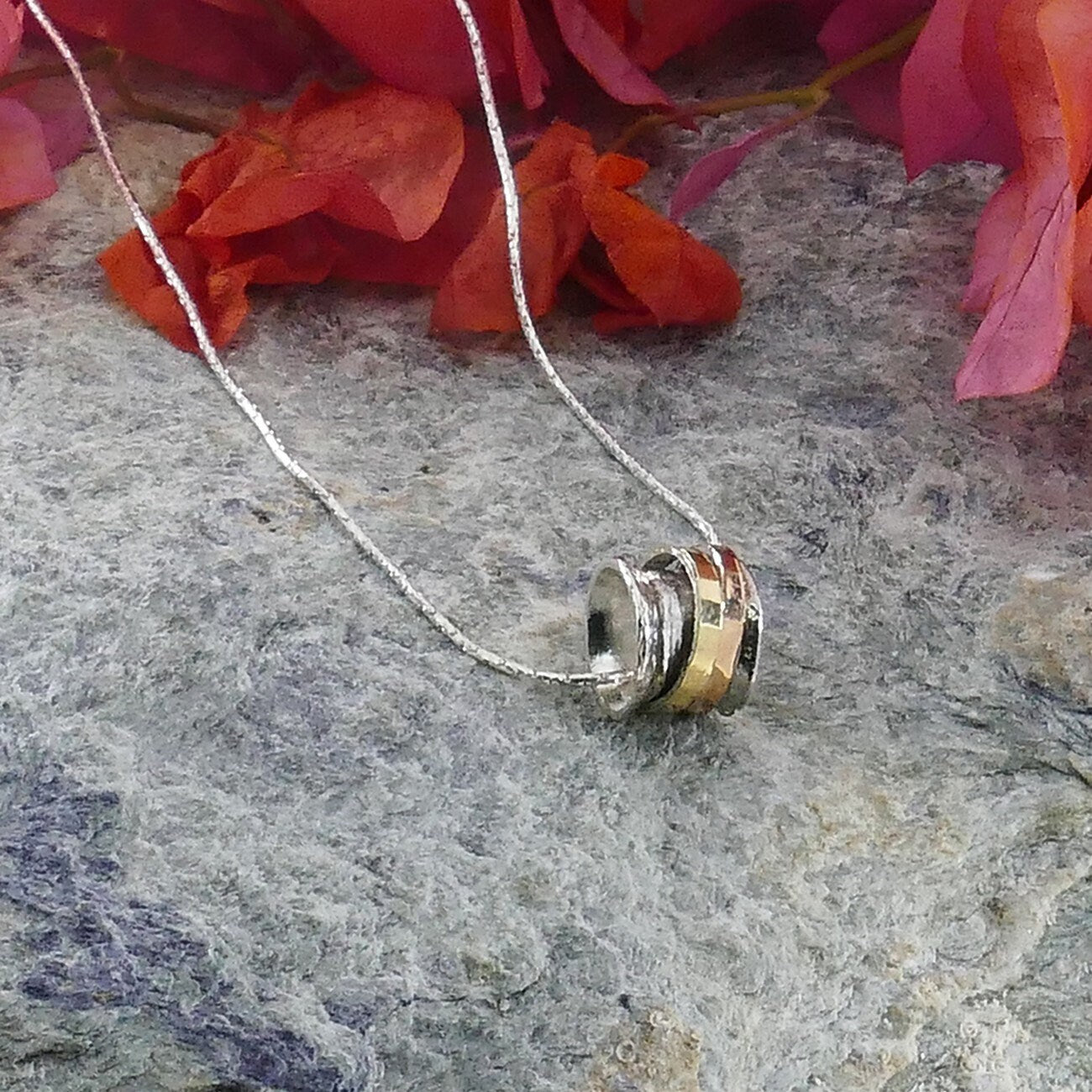 SPIRA Handcrafted Two Tone Solid 9k Yellow & Rose Gold 925 Sterling Silver Rope Spinning Pendant Chain Woodland Necklace, Oxidized Necklace