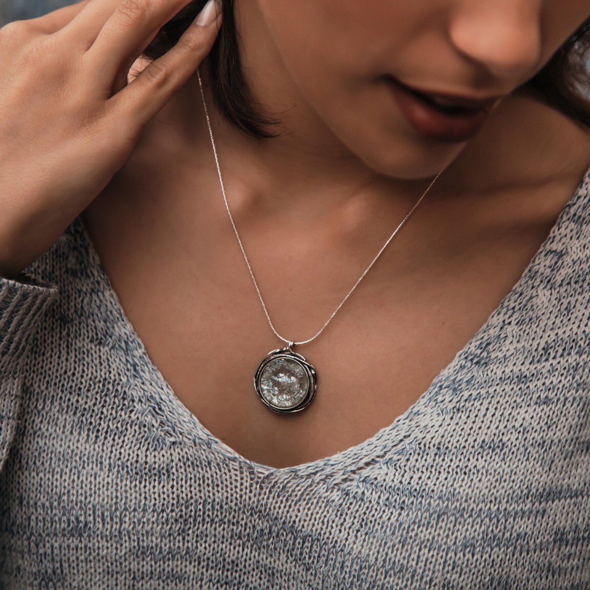 SPIRA 925 Sterling Silver Rope Chain Pendant with Ancient Roman Glass