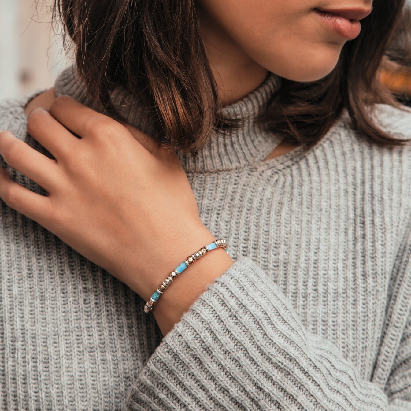 SPIRA Opal Bracelet Handcrafted Two Tone 925 Sterling Silver & 14k Yellow Gold Filled Blue Opal Beaded Stones Bracelet Fast N Free Shipping!