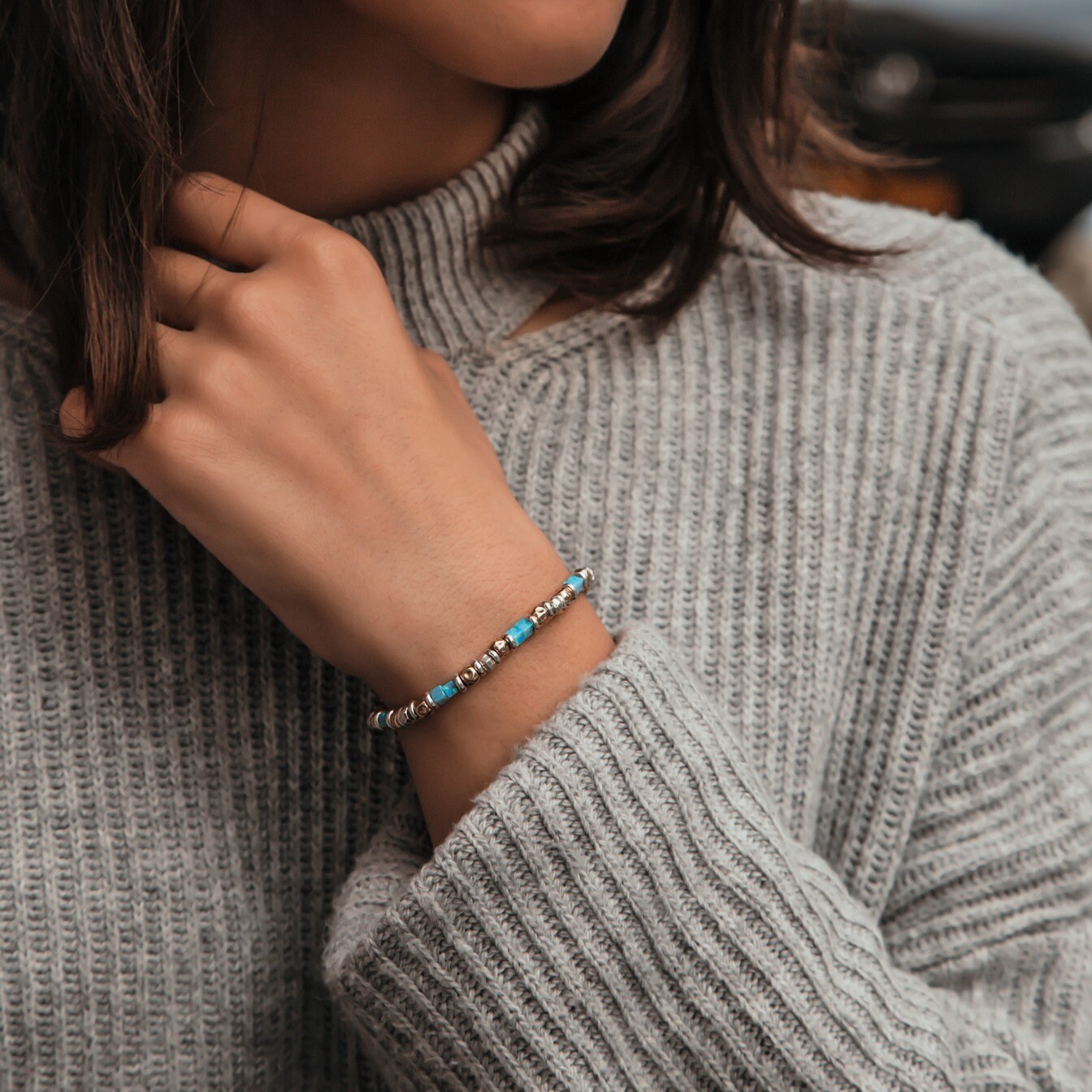 SPIRA Opal Bracelet Handcrafted Two Tone 925 Sterling Silver & 14k Yellow Gold Filled Blue Opal Beaded Stones Bracelet Fast N Free Shipping!