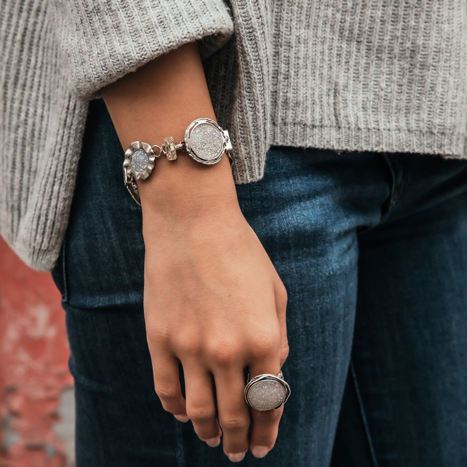 Handcrafted Two Tone Solid Mixed Metal Bracelet 9k Yellow Gold 925 Sterling Silver White Agate Druzy Stones Chain&Link Silver Gold Bracelet