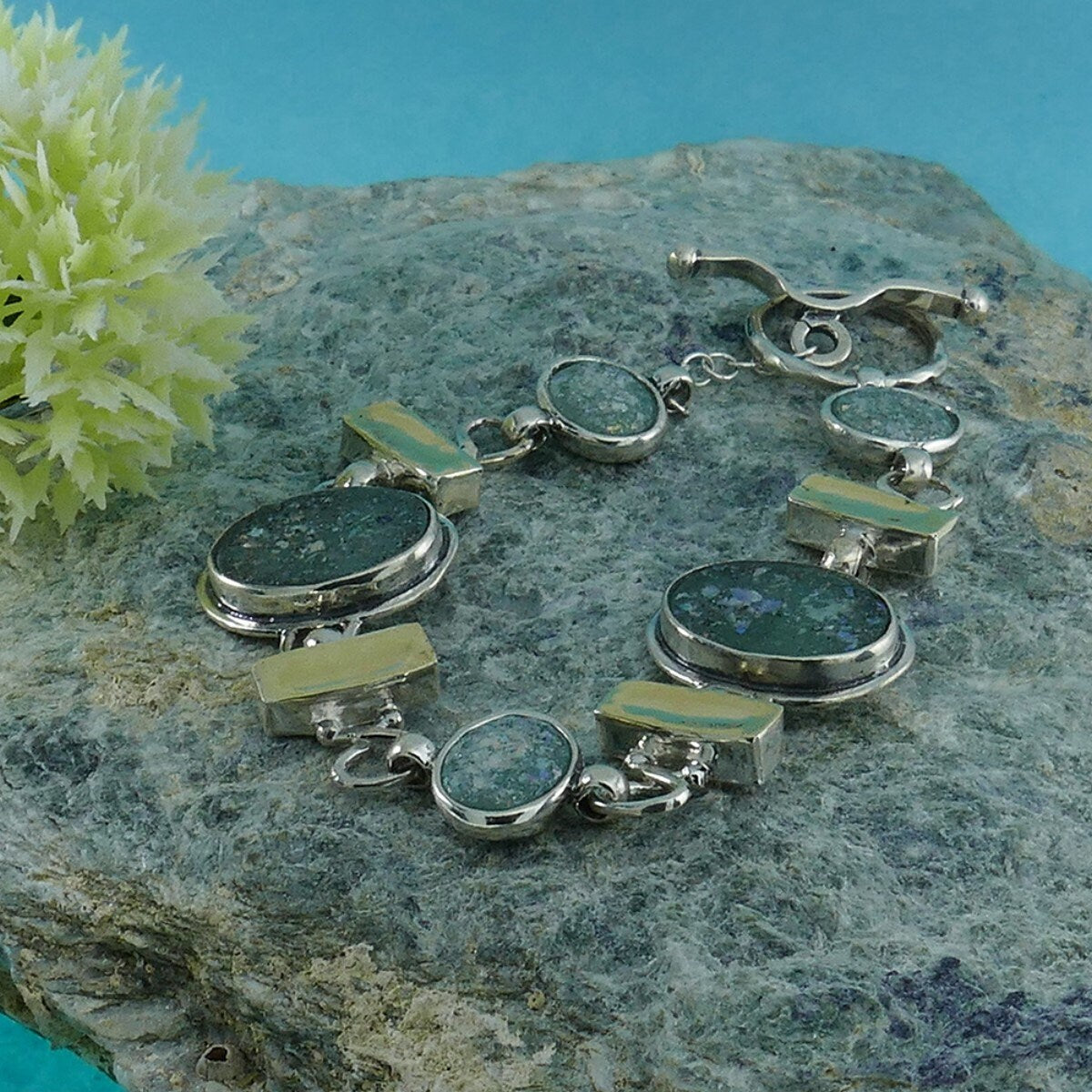 Two Tone Roman Glass Bracelet Solid 9k Yellow Gold 925 Sterling Silver Green Roman Glass Chain & Link Silver Gold Bracelet Free Shipping!