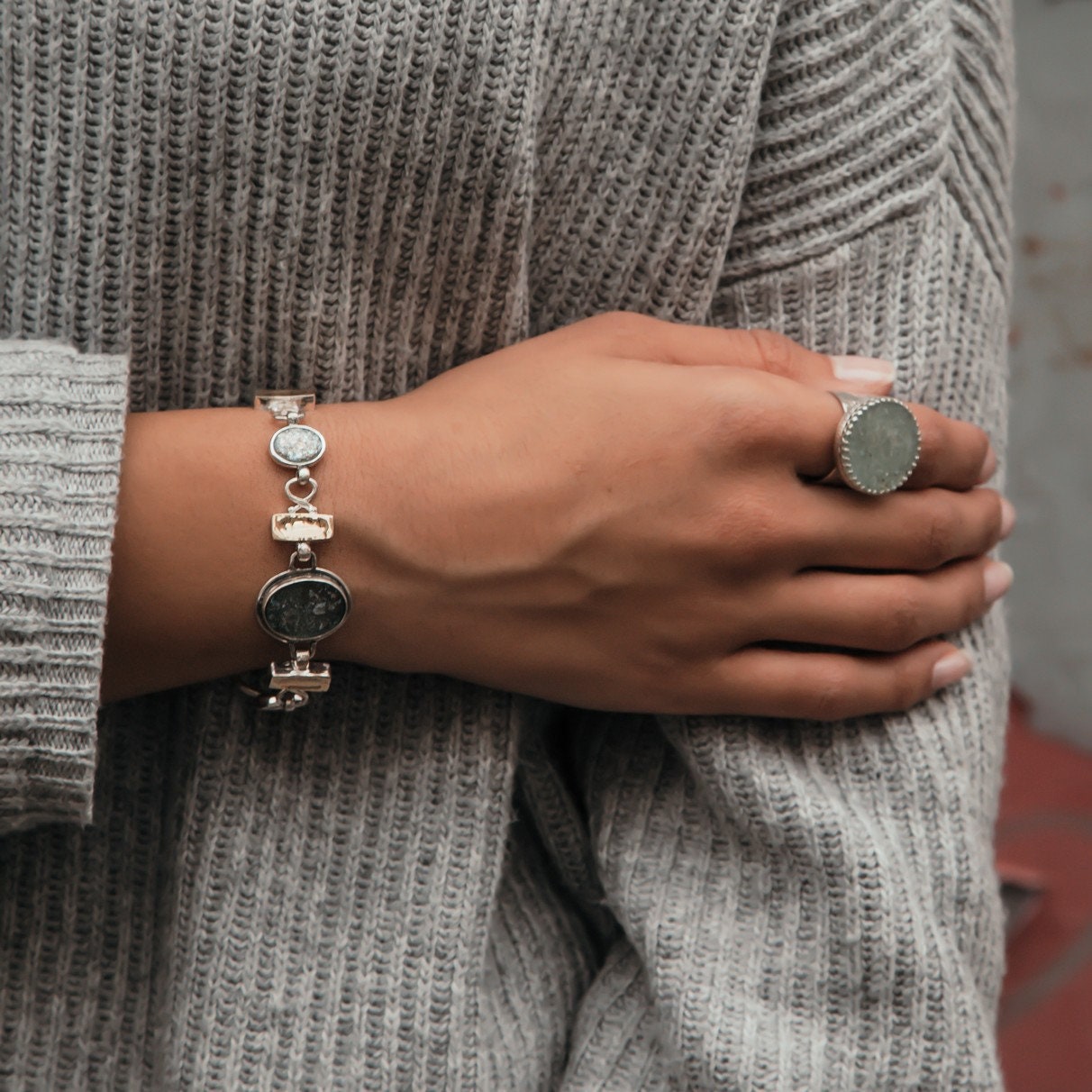 Two Tone Roman Glass Bracelet Solid 9k Yellow Gold 925 Sterling Silver Green Roman Glass Chain & Link Silver Gold Bracelet Free Shipping!