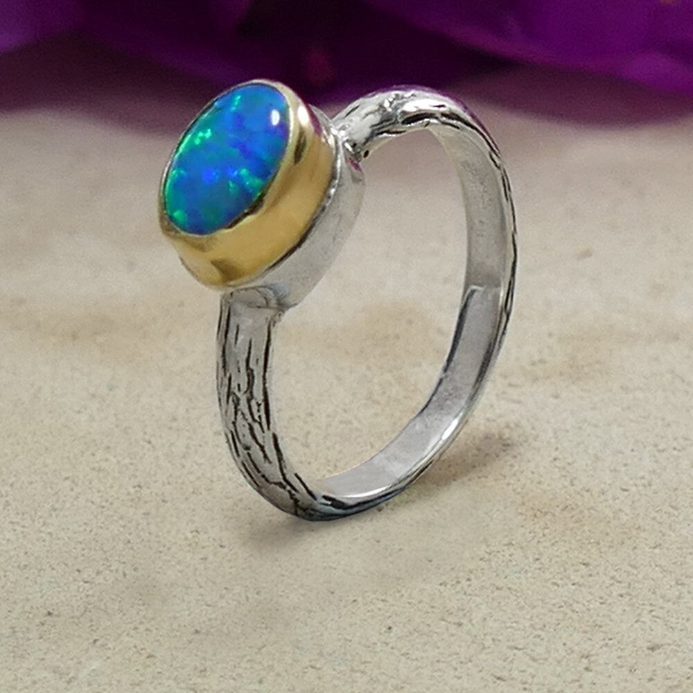 Blue Topaz Mixed Metal Ring 1.7 Carat Natural Blue Topaz Gemstone Two Tone Solid 9k Yellow Gold&925 Sterling Silver Solitaire Ring Gemstone