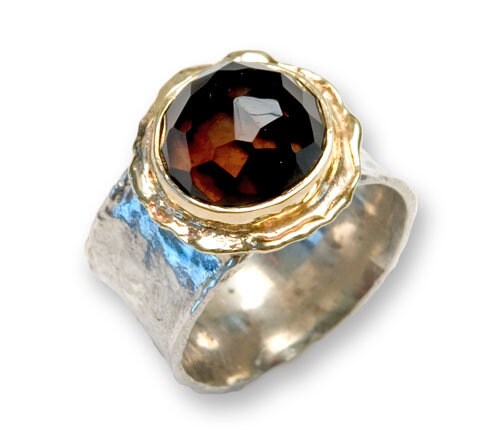 Druzy Mixed Metal Ring 4.4 Carat Gray Agate Druzy Stone Two Tone Solid 9k Yellow Gold & 925 Sterling Silver Solitaire Ring Set Gemstone ring