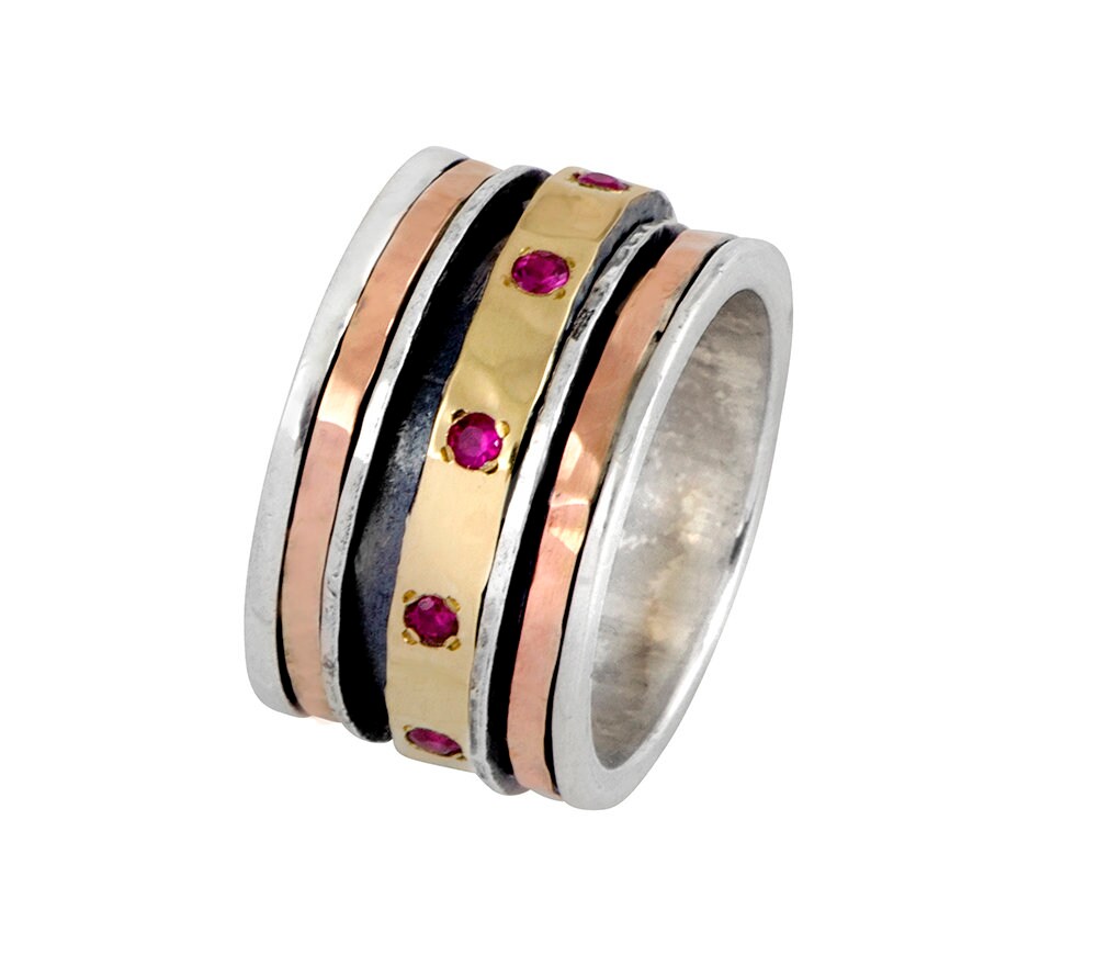 Spinner Ring Ruby Stone Two Tone Solid 9k Yellow & Rose Gold 925 Sterling Silver