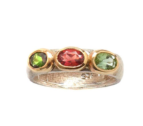 1.2 Carat Natural Pink Tourmaline Gemstone Two Tone Solid 9k Yellow Gold & 925 Sterling Silver Stackable Ring Set Setting, mixed metal ring