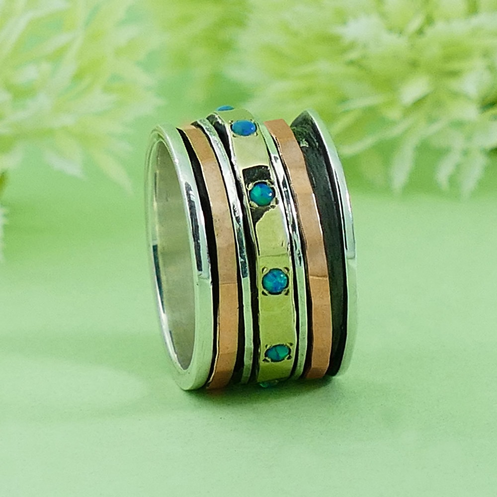 Unique Mixed Metal Spinner Ring Cubic Zirconia Stone Two Tone Solid 9k Yellow and Rose Gold 925 Sterling Silver Set Setting, Bohemian ring
