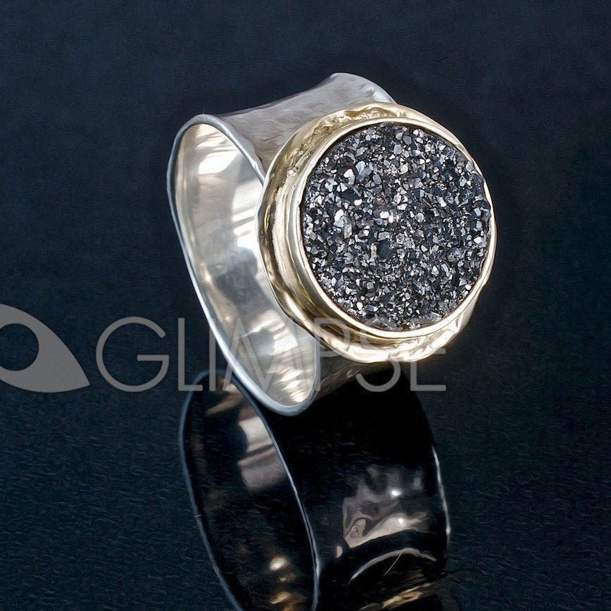 Labradorite Mixed Metal Ring 5.8 Carat Natural Green Labradorite Gemstone Two Tone Solid 9k Yellow Gold & 925 Sterling Silver Solitaire Ring