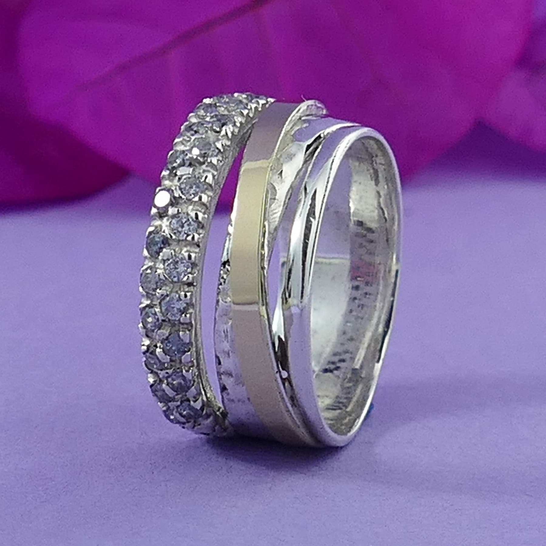 Sparkling Ring Two Tone Solid 9k Yellow Gold & 925 Sterling Silver Wrap Ring Cubic Zirconia Stone Set Setting Bohemian ring,Mixed metal ring