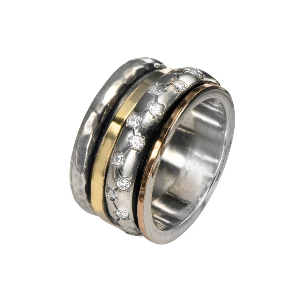 Two Tone Solid 9k Yellow & Rose Gold 925 Sterling Silver Spinner Ring 0.6 Carat Blue Opal Stone Setting,Bohemian ring,Hippie ring,Boho ring
