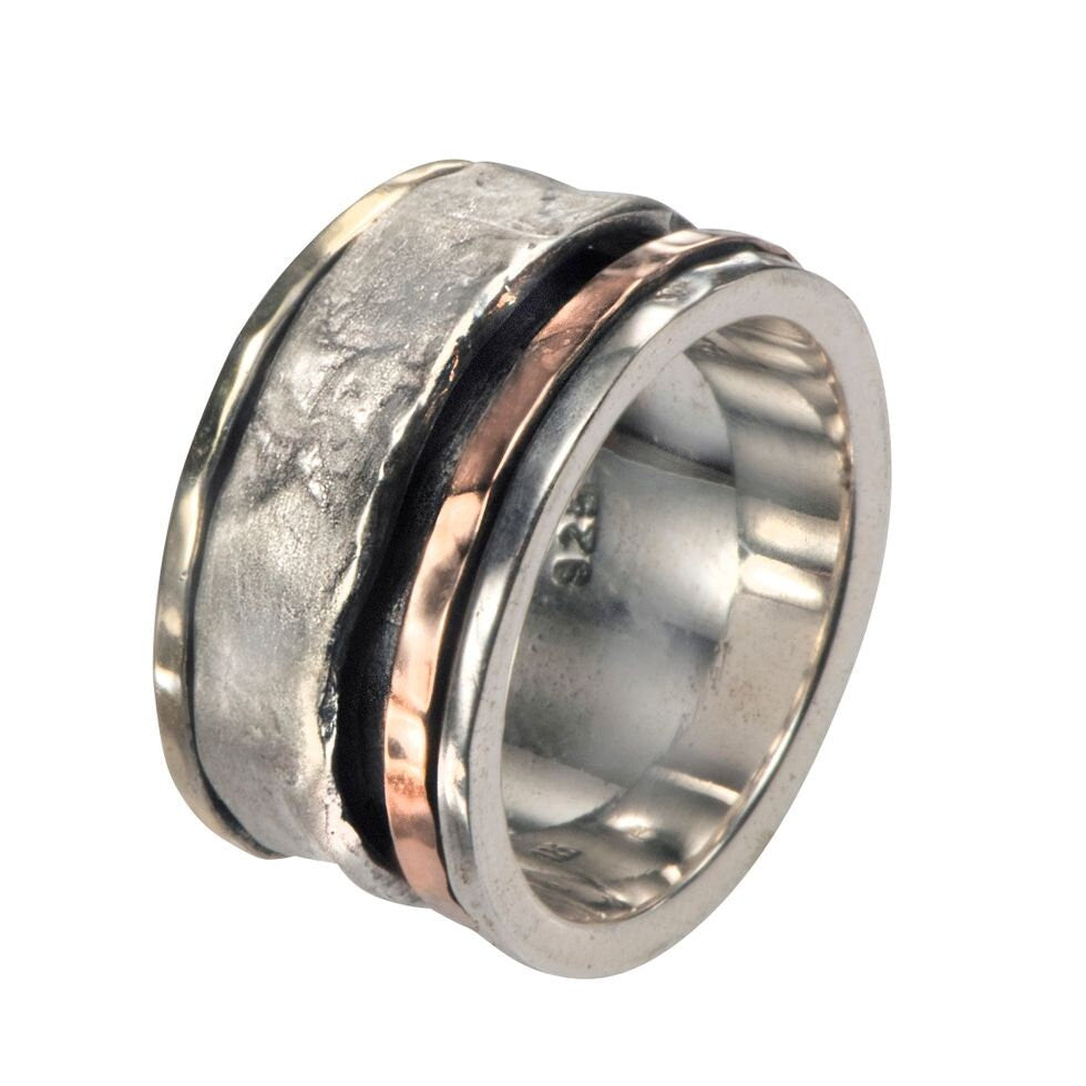 SPIRA Unique Handcrafted Contemporary Design Two Tone Solid 9k Yellow & Rose Gold And 925 Sterling Silver Spinner Ring, Mixed metal ring