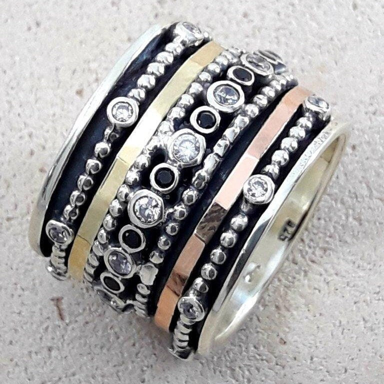 Mix Metal Spinner Ring Two Tone Solid 9k Yellow/Rose Gold and 925 Sterling Silver Oxidized worry ring Set with Cubic zirkonia & Black spinel