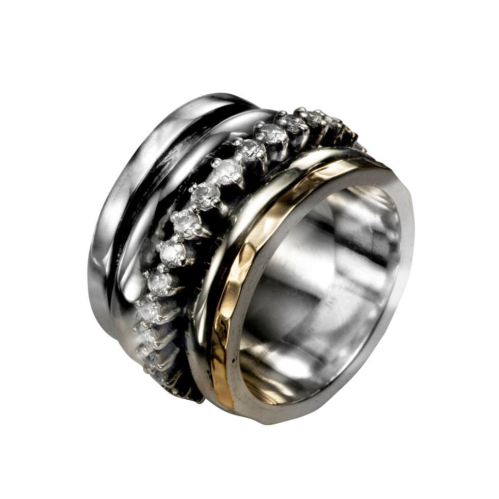 White Cubic Zirconia Stone Two Tone Solid 9k Yellow Gold & 925 Sterling Silver Mixed Metal Unique Spinner Ring , Bohemian ring, Hippie ring