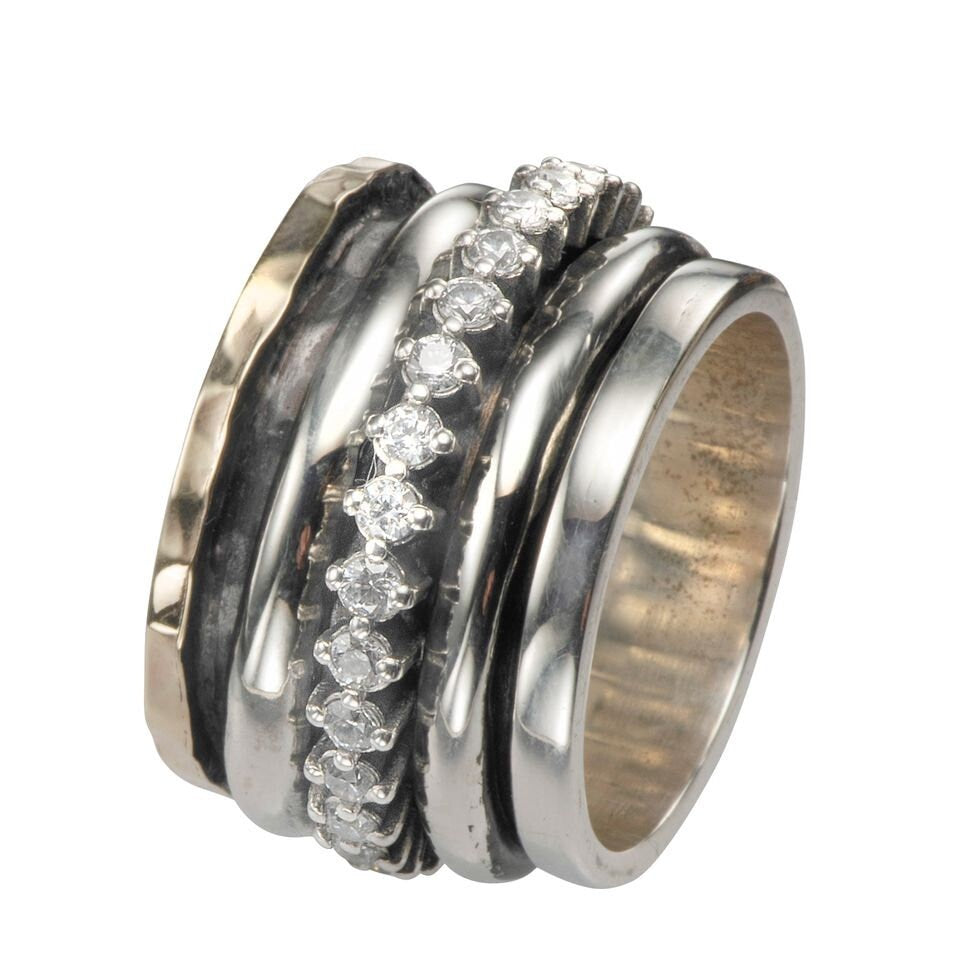 White Cubic Zirconia Stone Two Tone Solid 9k Yellow Gold & 925 Sterling Silver Mixed Metal Unique Spinner Ring , Bohemian ring, Hippie ring