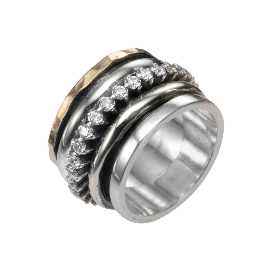 White Cubic Zirconia Stone Two Tone Solid 9k Yellow Gold & 925 Sterling Silver Mixed Metal Unique Spinner Ring , Bohemian ring, Hippie ring