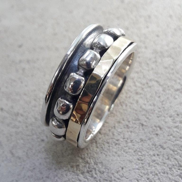 Mixed metal Spinner Ring Two Tone Solid 9k Yellow Gold and 925 Sterling Silver ,Oxidized Silver Fidget ring,Worry ring