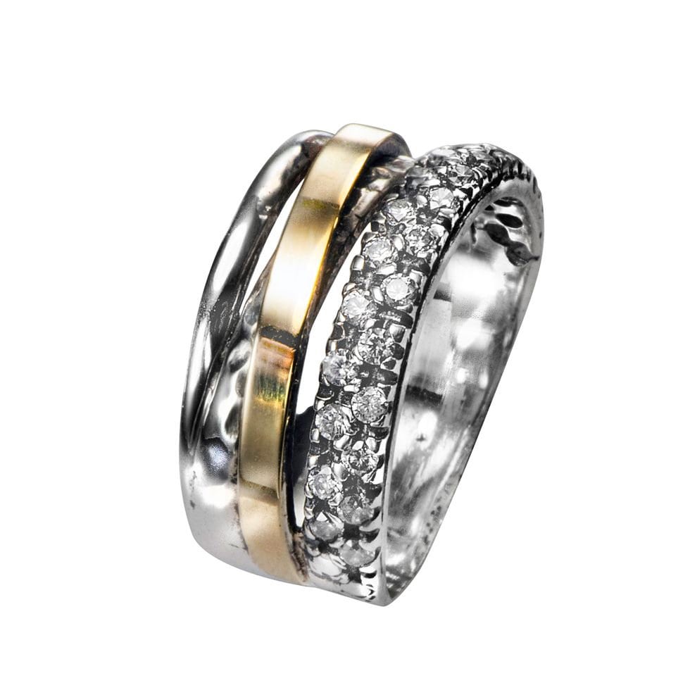 Sparkling Ring Two Tone Solid 9k Yellow Gold & 925 Sterling Silver Wrap Ring Cubic Zirconia Stone Set Setting Bohemian ring,Mixed metal ring