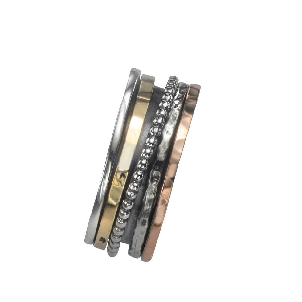 SPIRA Unique Handcrafted Mixed metal ring Two Tone Solid 9k Yellow & Rose Gold And 925 Sterling Silver Spinner Ring, Contemporary Design