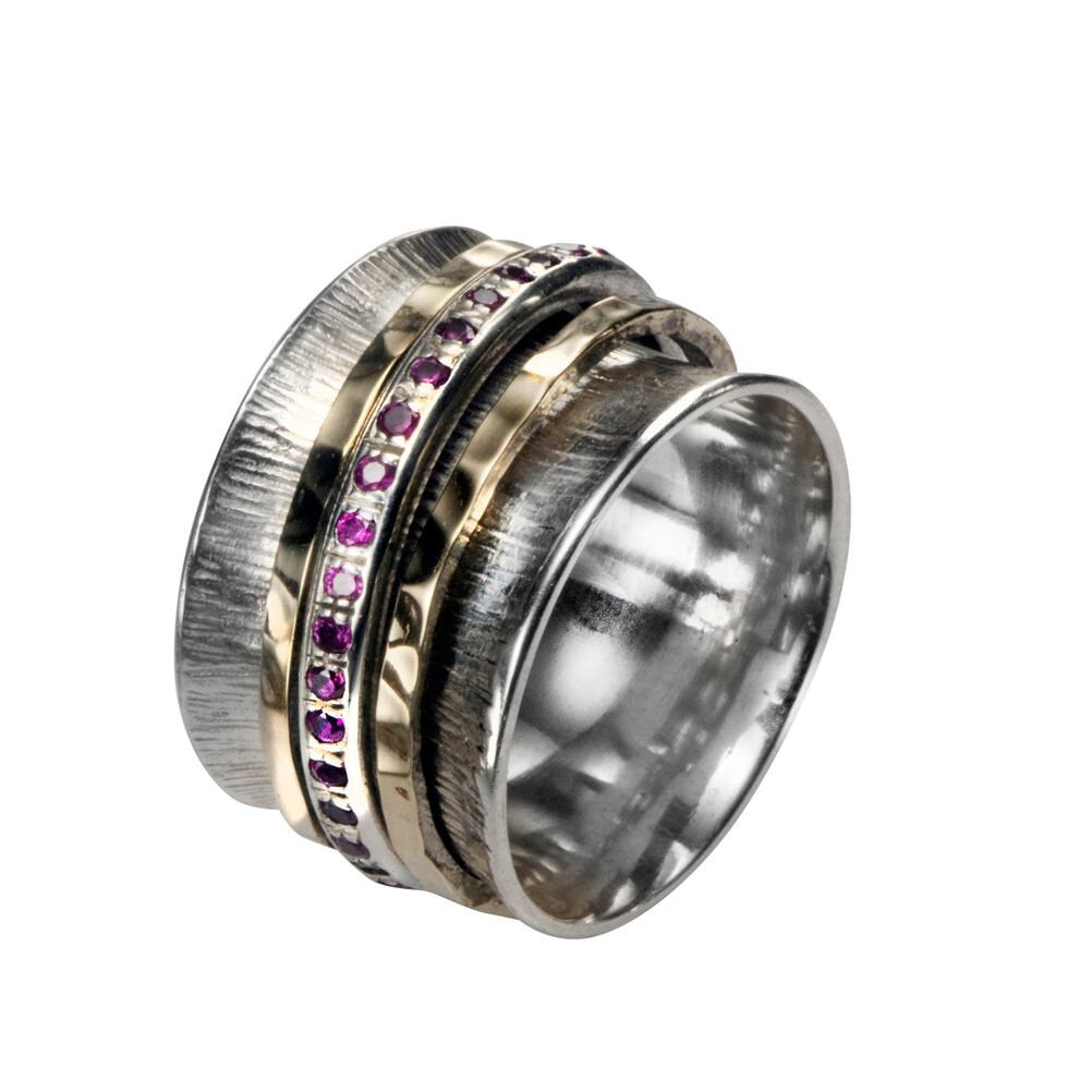 Natural Red Ruby Gemstone Two Tone Solid 9k Yellow Gold & 925 Sterling Silver Hammered Spinner Ring, Gemstone ring, worry ring, Fidght ring
