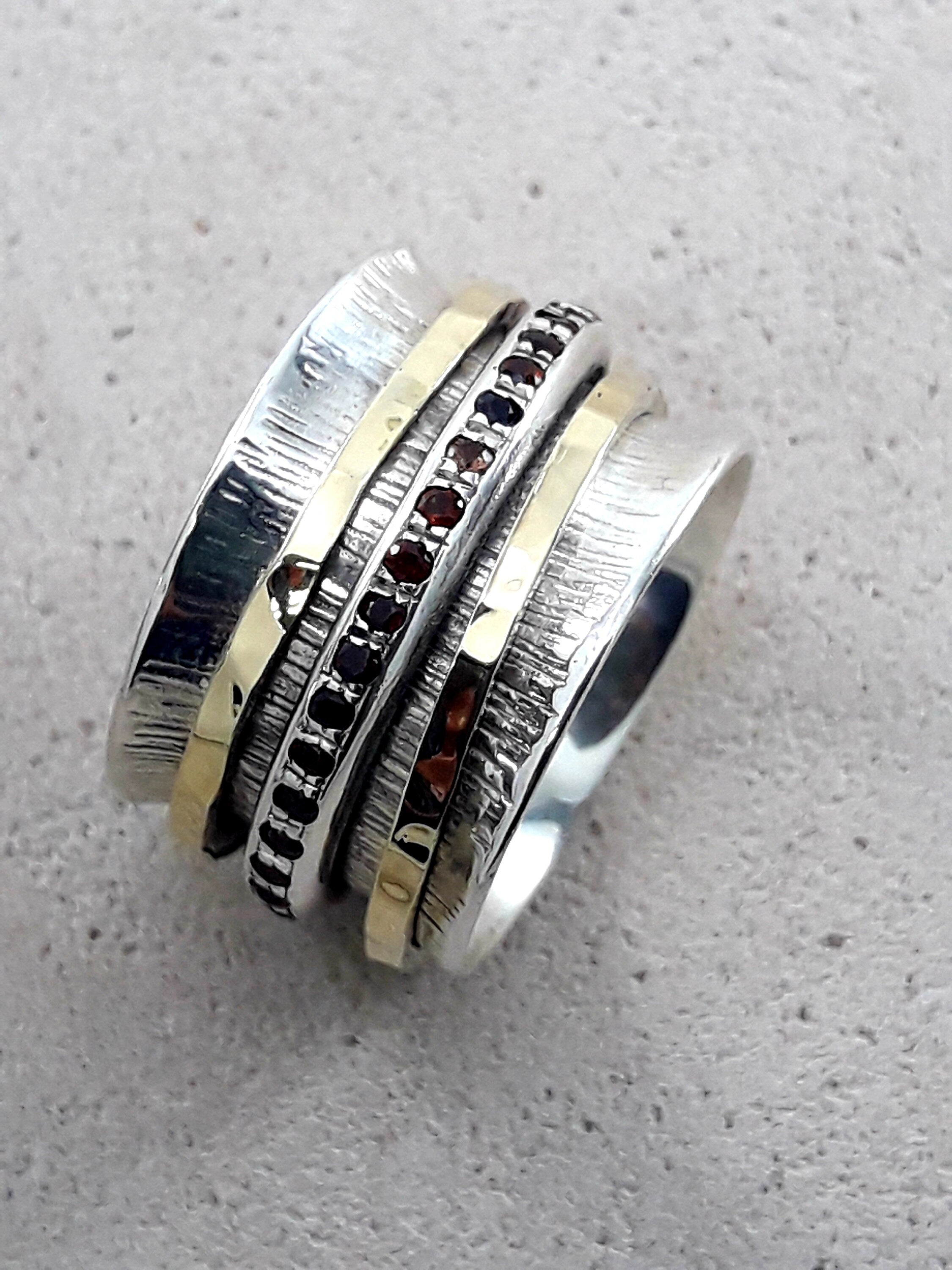 Natural Red Ruby Gemstone Two Tone Solid 9k Yellow Gold & 925 Sterling Silver Hammered Spinner Ring, Gemstone ring, worry ring, Fidght ring