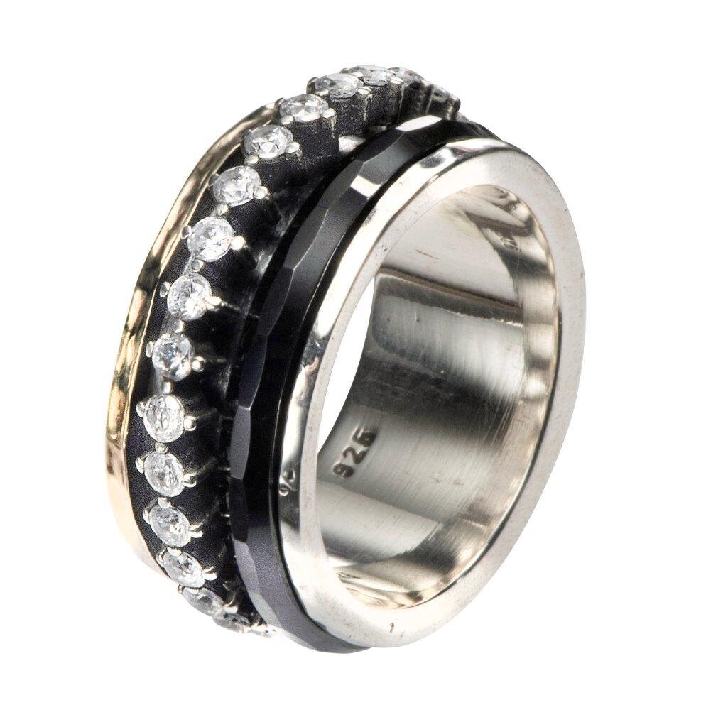 Black Ceramic White Cubic Zirconia Two Tone Solid 9k Yellow Gold & 925 Sterling Silver Spinner Ring , Bohemian ring, Unique Mixed metal ring
