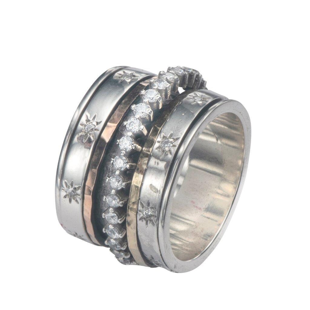Spira Mix Metal Ring Gold Spinner Ring For Woman, Cubic Zirconia Stone Two Tone Solid 9k Yellow Gold & 925 Sterling Silver,Unique Gypsy ring