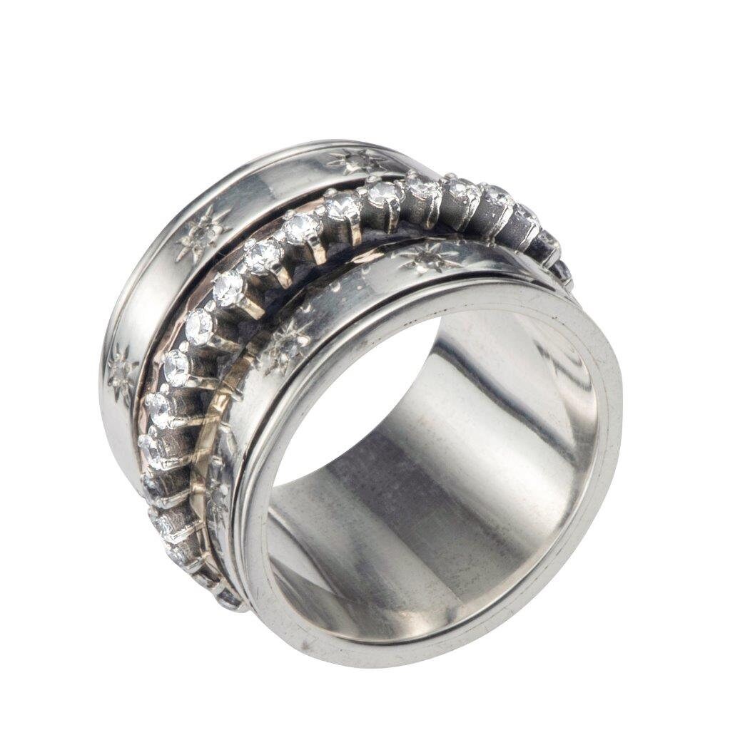 Spira Mix Metal Ring Gold Spinner Ring For Woman, Cubic Zirconia Stone Two Tone Solid 9k Yellow Gold & 925 Sterling Silver,Unique Gypsy ring