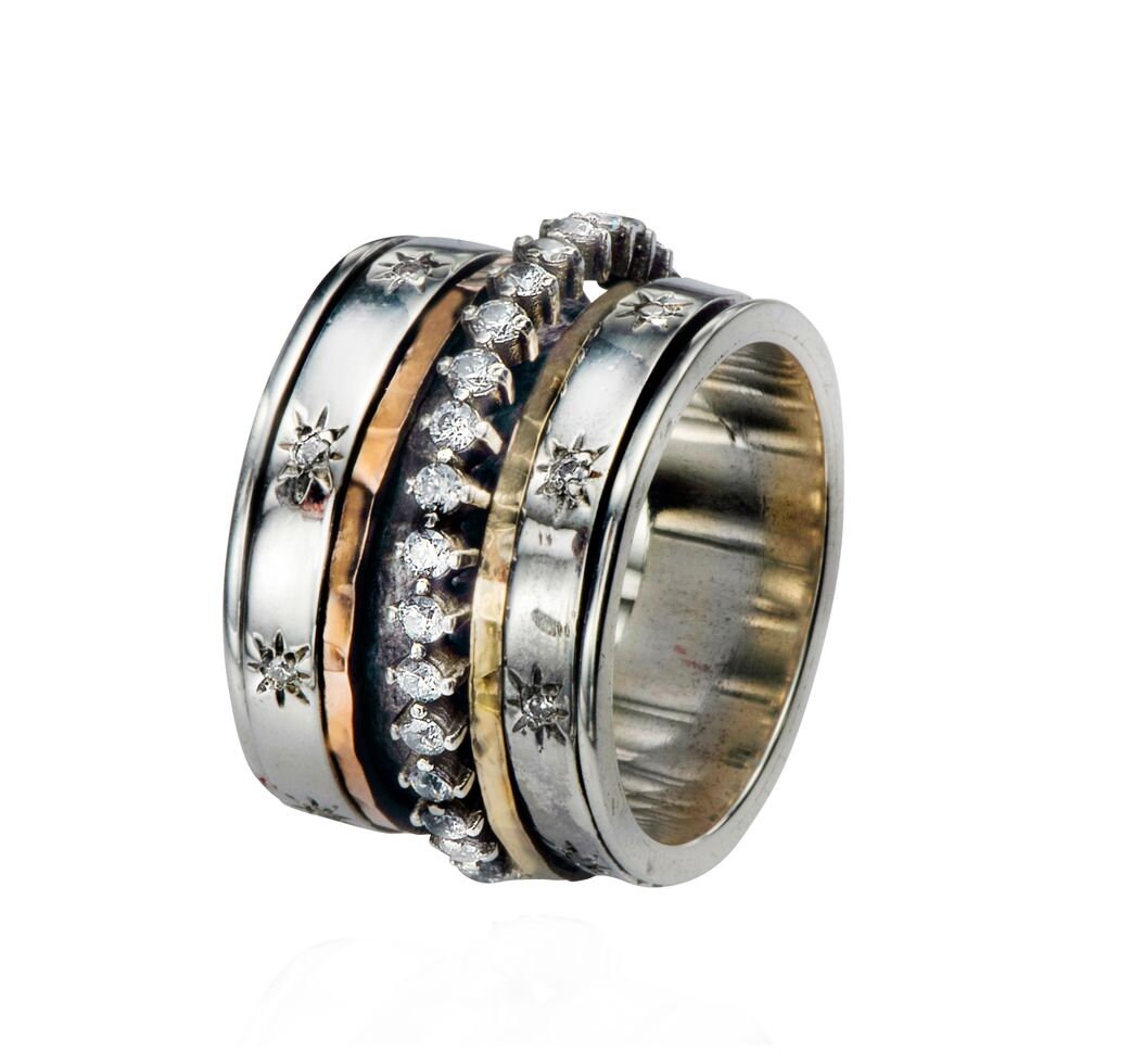 Spira Mix Metal Ring Gold Spinner Ring For Woman, Cubic Zirconia Stone Two Tone Solid 9k Yellow Gold & 925 Sterling Silver,Unique Gypsy ring