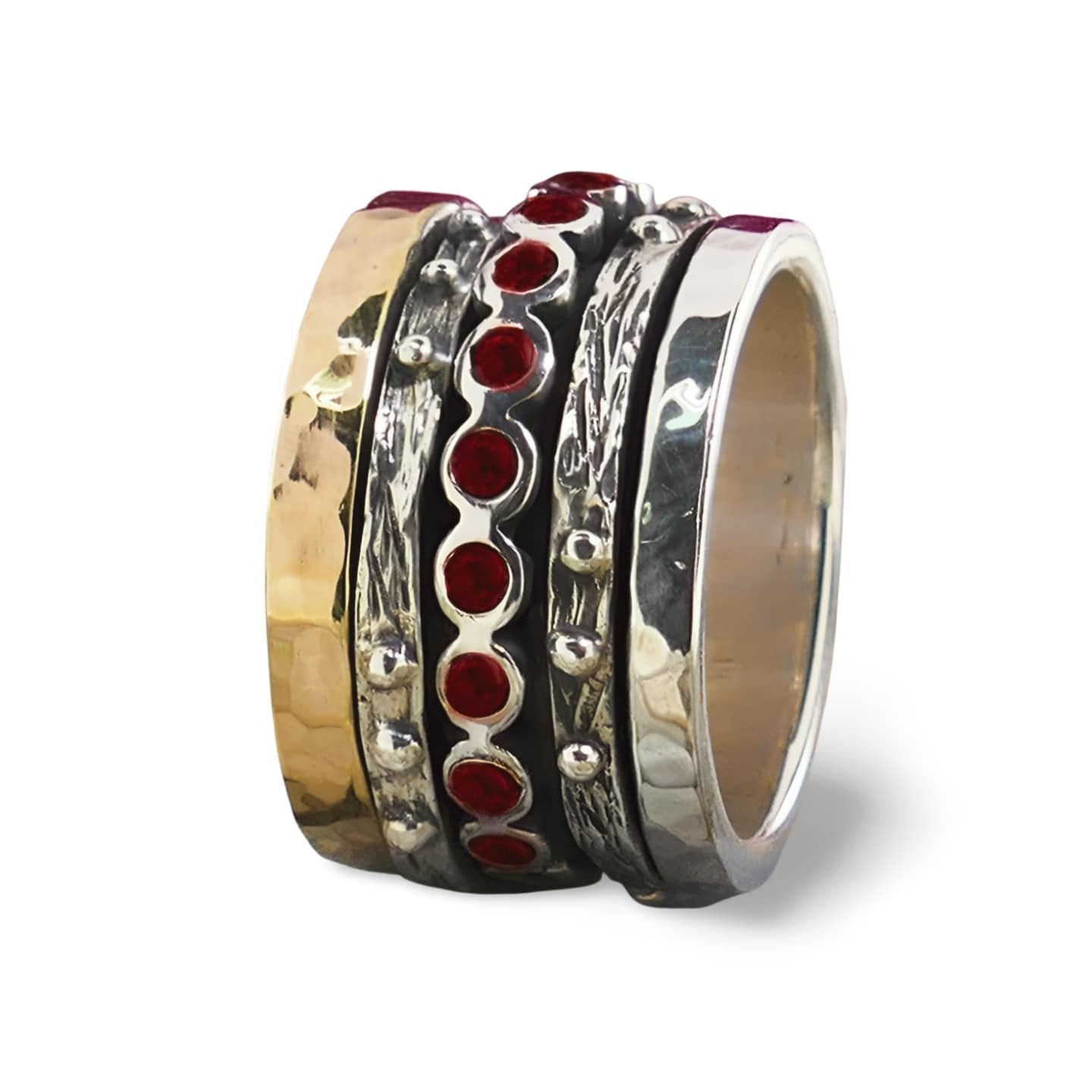 Natural Red Garnet Gemstone Ring, 1.6 Carat Mixed Metal Two Tone Ring, Spinner Ring in 9k Gold and Sterling Silver