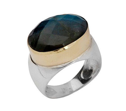 Aquamarine Gemstone Ring, Two Tone 9k Gold & Sterling Silver Statement Rings for Women