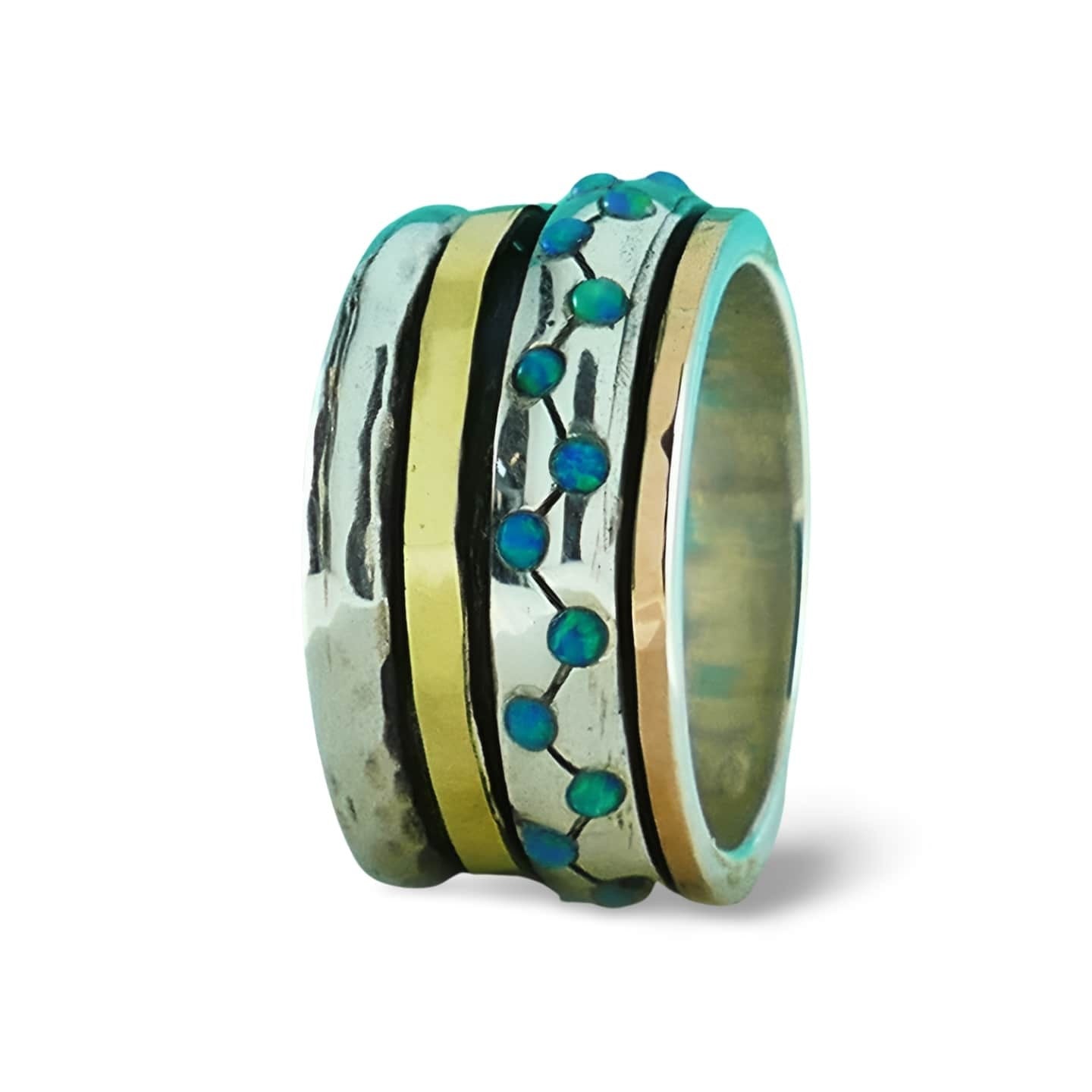 Two Tone Solid 9k Yellow & Rose Gold 925 Sterling Silver Spinner Ring 0.6 Carat Blue Opal Stone Setting,Bohemian ring,Hippie ring,Boho ring