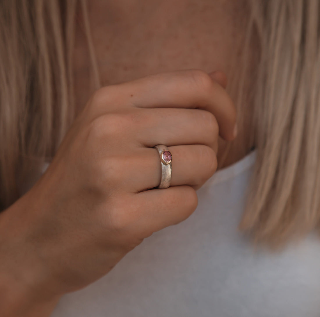 0.4 Carat Natural Pink Tourmaline Gemstone Two Tone Solid 9k Yellow Gold&925 Sterling Silver Solitaire Ring Gemstone ring Mixed metal ring