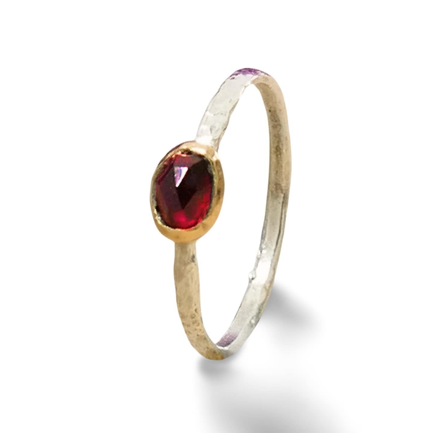 0.6 Carat Red Garnet, Two Tone 9k Gold & 925 Silver, Oval Solitaire Ring